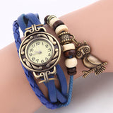 Ladies Retro Multilayer Leather Quartz Wristwatch with Bronze Owl Pendant