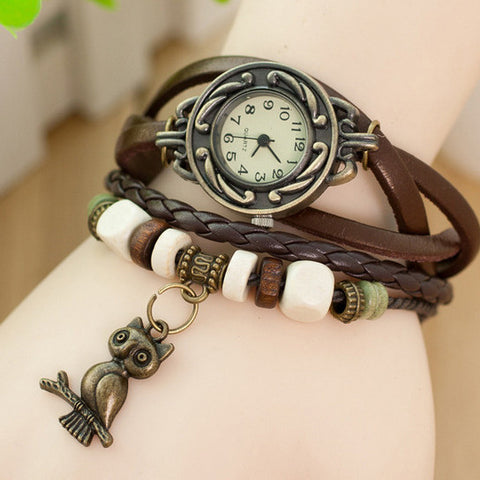 Ladies Retro Multilayer Leather Quartz Wristwatch with Bronze Owl Pendant